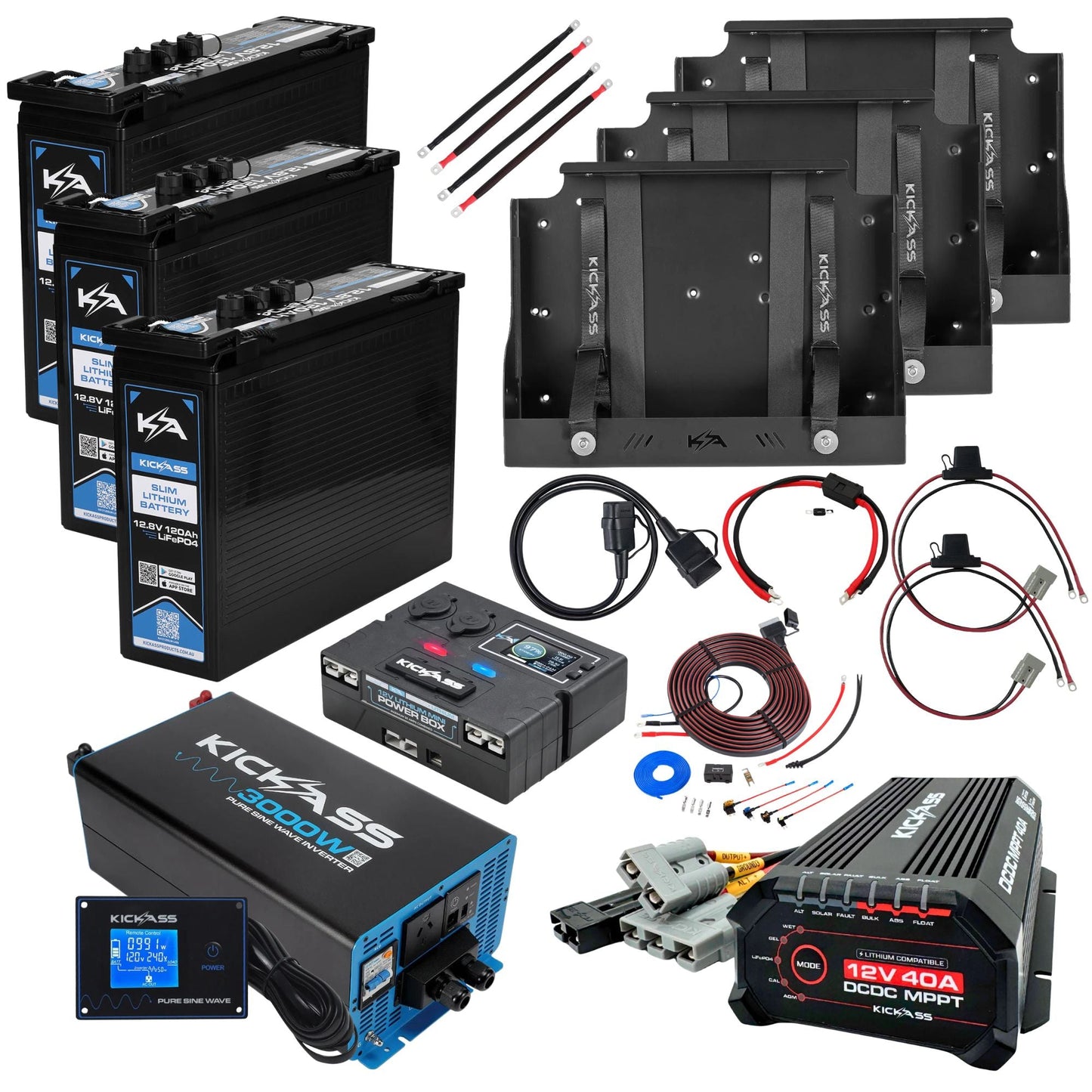 KickAss Triple Smart 12V 120Ah Slimline Lithium Complete Dual Battery Kit with 3000W Inverter, 40A DCDC Charger, Control Box, Display Panel, Tray & Wiring - 360Ah Capacity