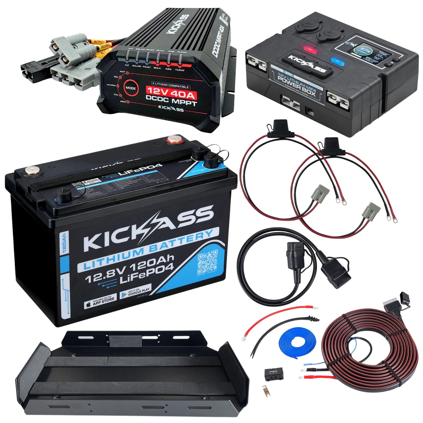 KickAss Smart 12V 120Ah Lithium Dual Battery Kit with 40A DCDC Charger, Control Box, Tray & Wiring