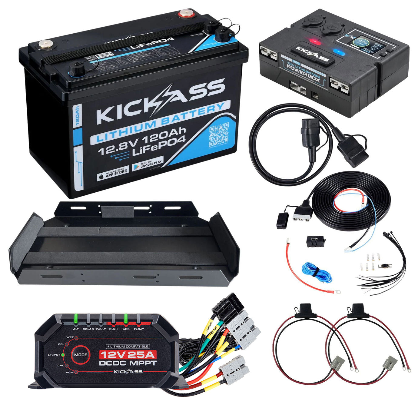 KickAss Smart 12V 120Ah Lithium Premium Dual Battery Kit with 25A DCDC Charger, Control Box, Tray & Wiring