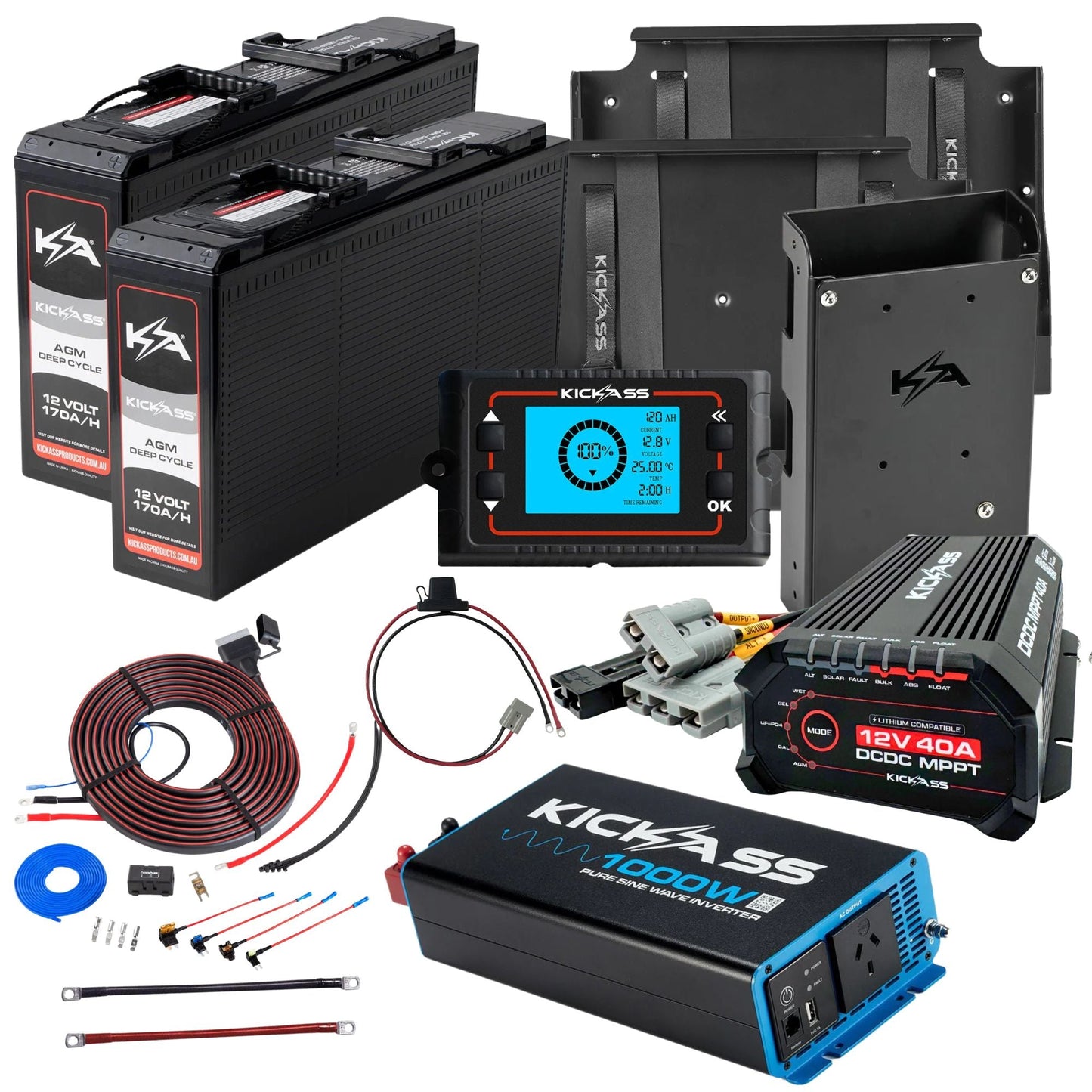 KickAss Twin 12V 170Ah Slimline Deep Cycle AGM Complete Dual Battery Kit with 1000W Inverter, 40A DCDC Charger, Tray & Wiring - 340Ah Capacity