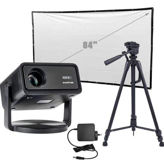 KickAss 12V FHD Outdoor Cinema Smart Projector Bundle with AC to DC Adapter, Tripod and 84" Eyelet Screen Cinema Package