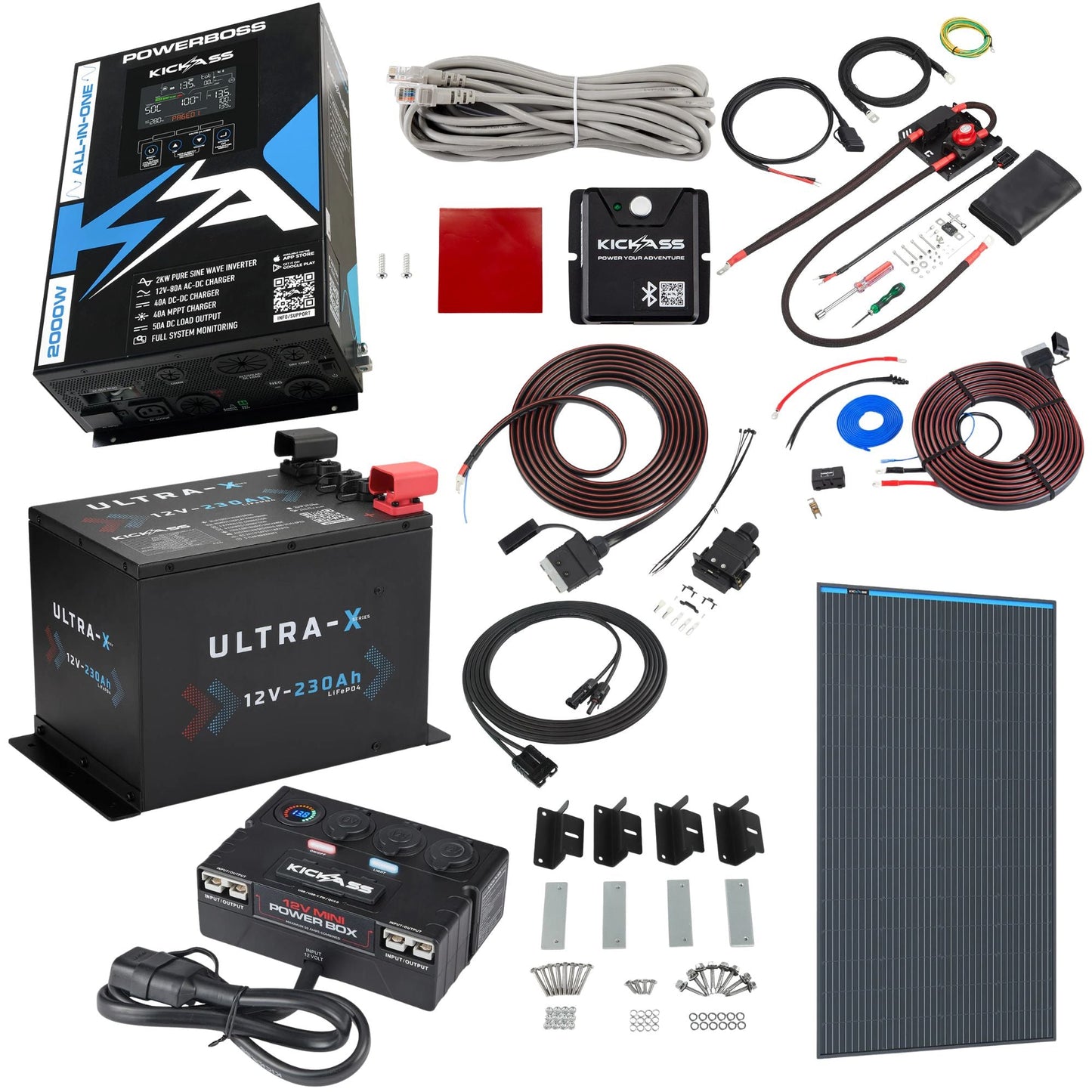 KickAss PowerBoss 2000W System with 230Ah Lithium Battery, Bluetooth, Alternator & DCDC Wiring Kit + Power Accessories