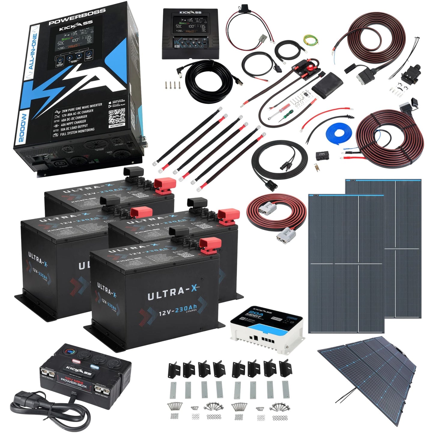 KickAss PowerBoss 2000W Mega Caravan Power System with Remote Display, 920Ah Lithium, Dual 350W Fixed Solar & 240W Portable Solar & MPPT