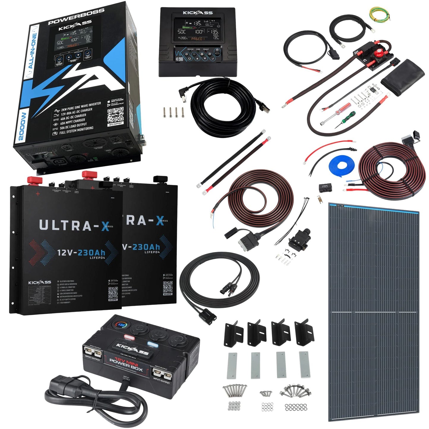 KickAss PowerBoss 2000W Caravan Power System with Bluetooth, 460Ah Slimline Batteries, 250W Solar & Full Wiring Kit