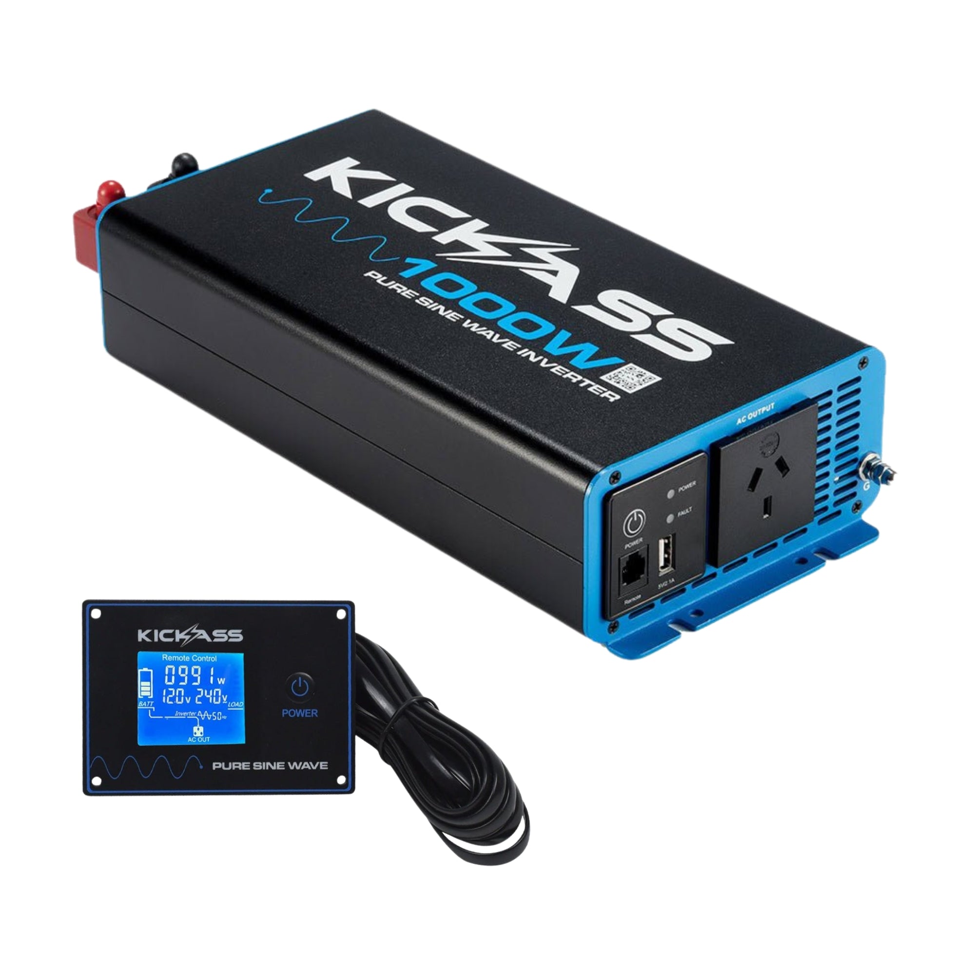 KickAss 12V to 120V Pure Sine Wave 1000W Inverter with Remote