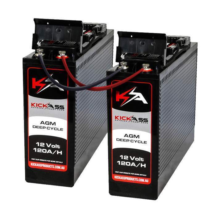 KickAss 12V 120Ah Slimline Deep Cycle AGM Battery Twin Pack With 22Amp Charger & Cables