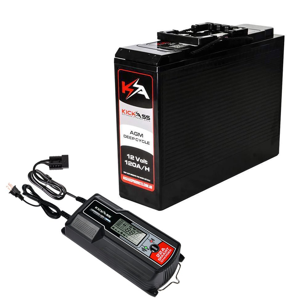 KickAss 12V 120Ah Slimline Deep Cycle AGM Battery with 22AMP Charger Bundle