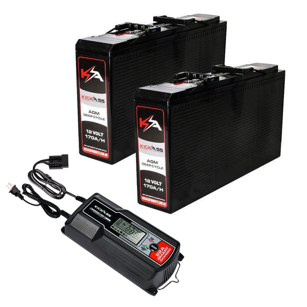 KickAss 12V 170Ah Deep Cycle AGM Battery Twin Pack With 22Amp Charger & Cables