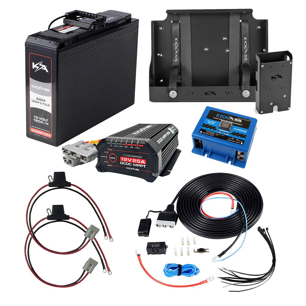 KickAss ProductsKickAss 120Ah Slimline AGM Battery Complete Bundle: 25A DCDC Charger, LVD, Wiring Kit, Tray, Accessory PanelKATRAYMT120DCDCLVD