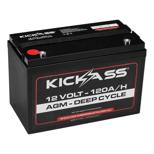 KickAss ProductsKickAss 12V 120Ah AGM Essentials Dual Battery Kit with 25A DCDC Charger, Wiring Kit, Accessory Panel, Battery Tray and Maxi Fuse HolderKADBKIT120AGMTRAY