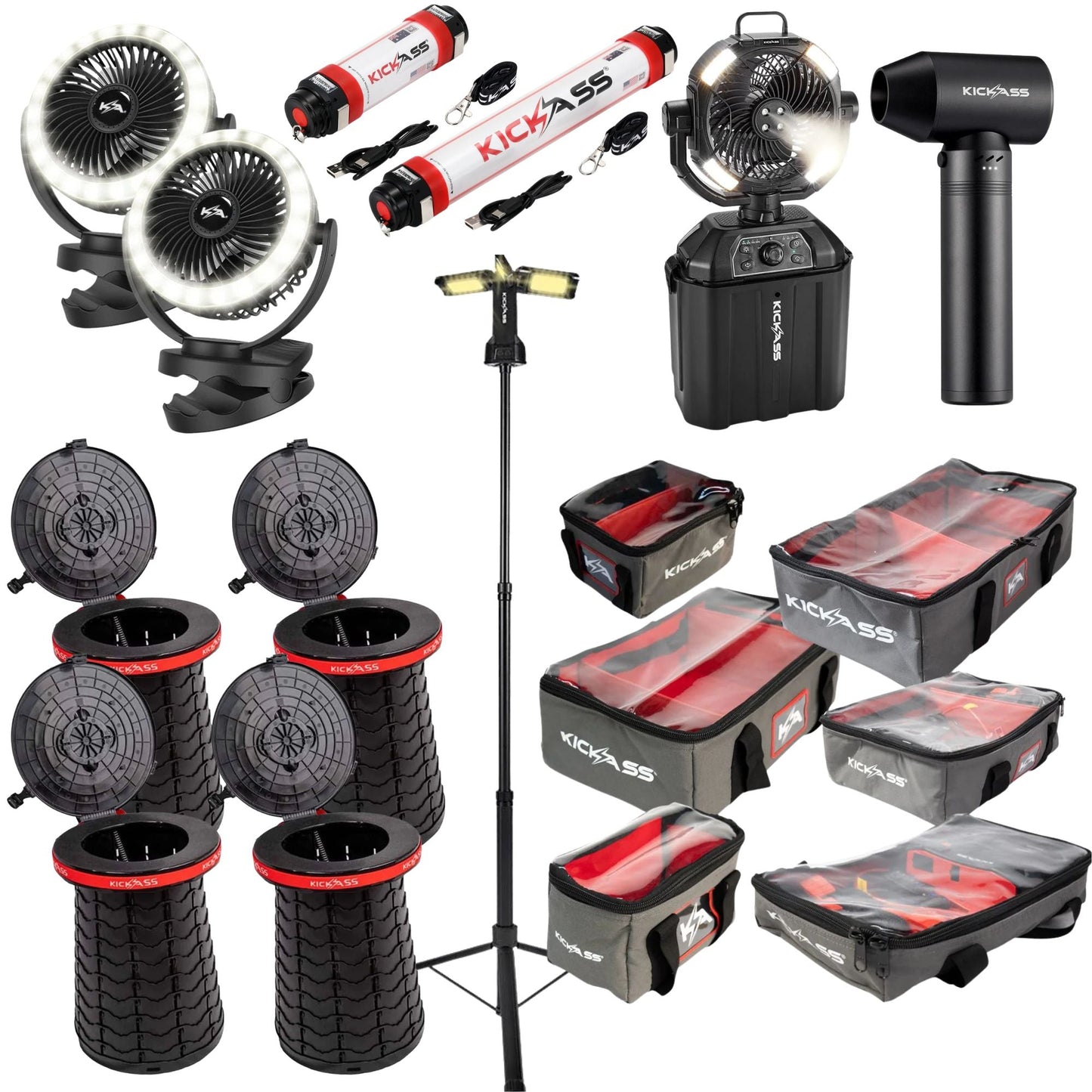 KickAss ProductsKickAss Large Campsite Essentials Bundle with Tripod Camping Light, Misting Fan, Clip Fans, Torches, Pop Up Stools, Jet Blower Fan & Storage BagKACAMPSITEESSLARGE