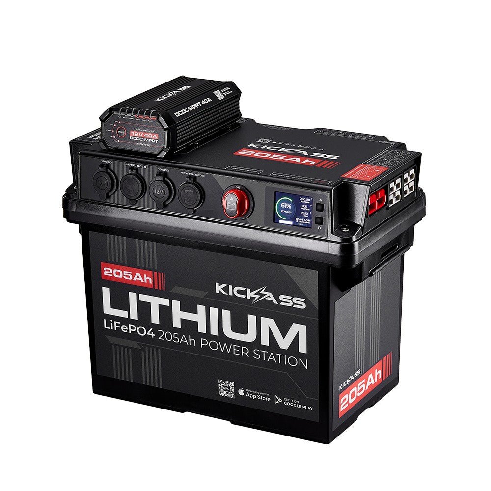 small battery booster box KickAss 205Ah Lithium Battery Box with 40A DCDC Charger & Bluetooth – KickAss Products USA
