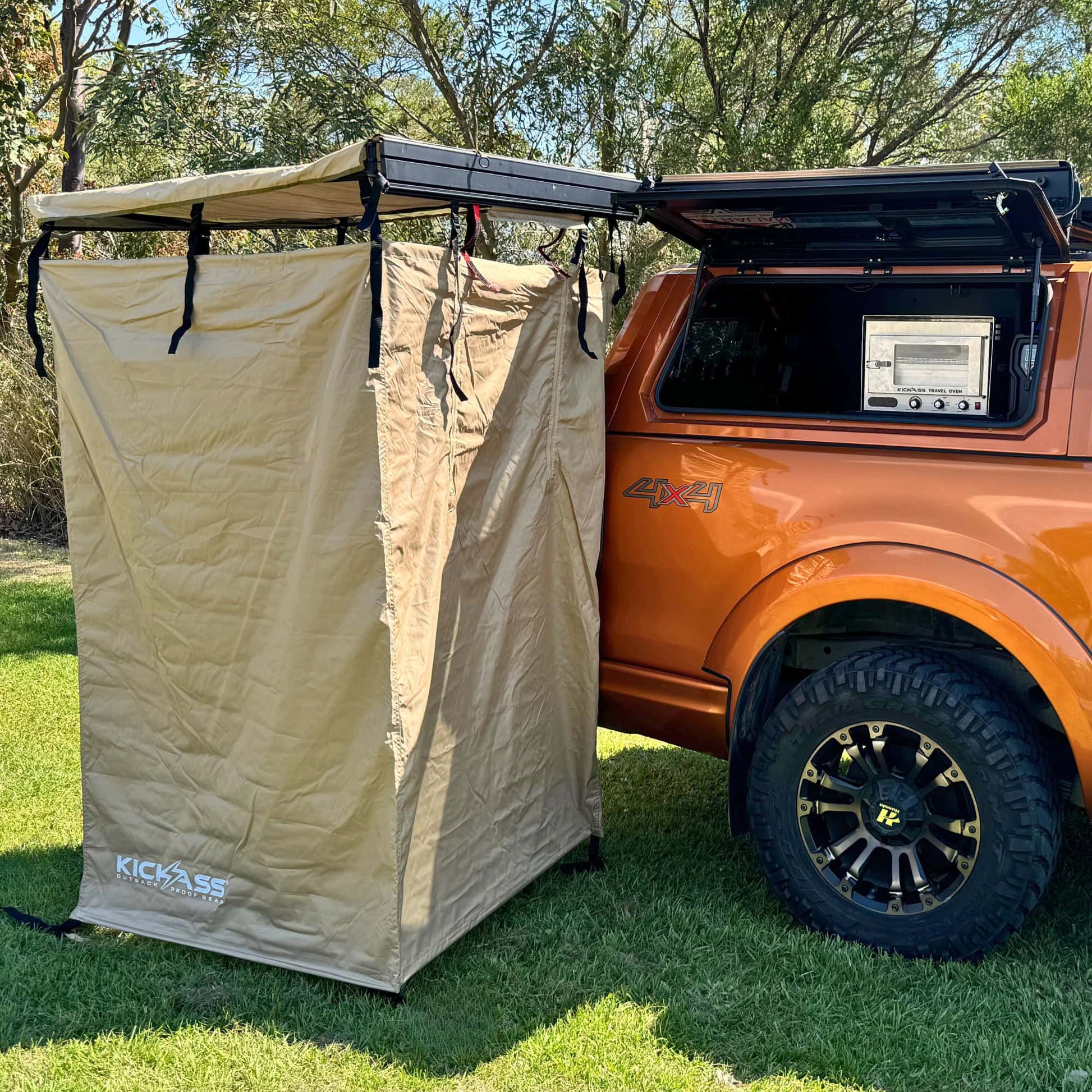 KickAss Premium Shower Awning with Swing Arm & LED Light Strip - KickAss Products USA