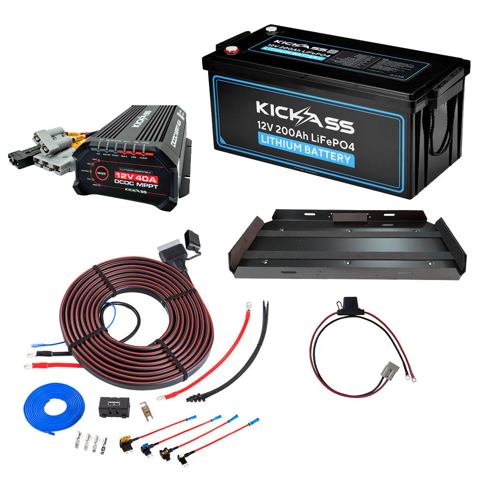 KickAss 200Ah Lithium Complete Dual Battery Kit with 40A DCDC Charger, Wiring Kit and Tray