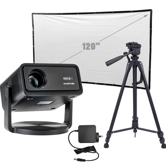 KickAss 12V FHD Outdoor Cinema Smart Projector Bundle with AC to DC Adapter, Tripod and 120" Eyelet Projector Screen