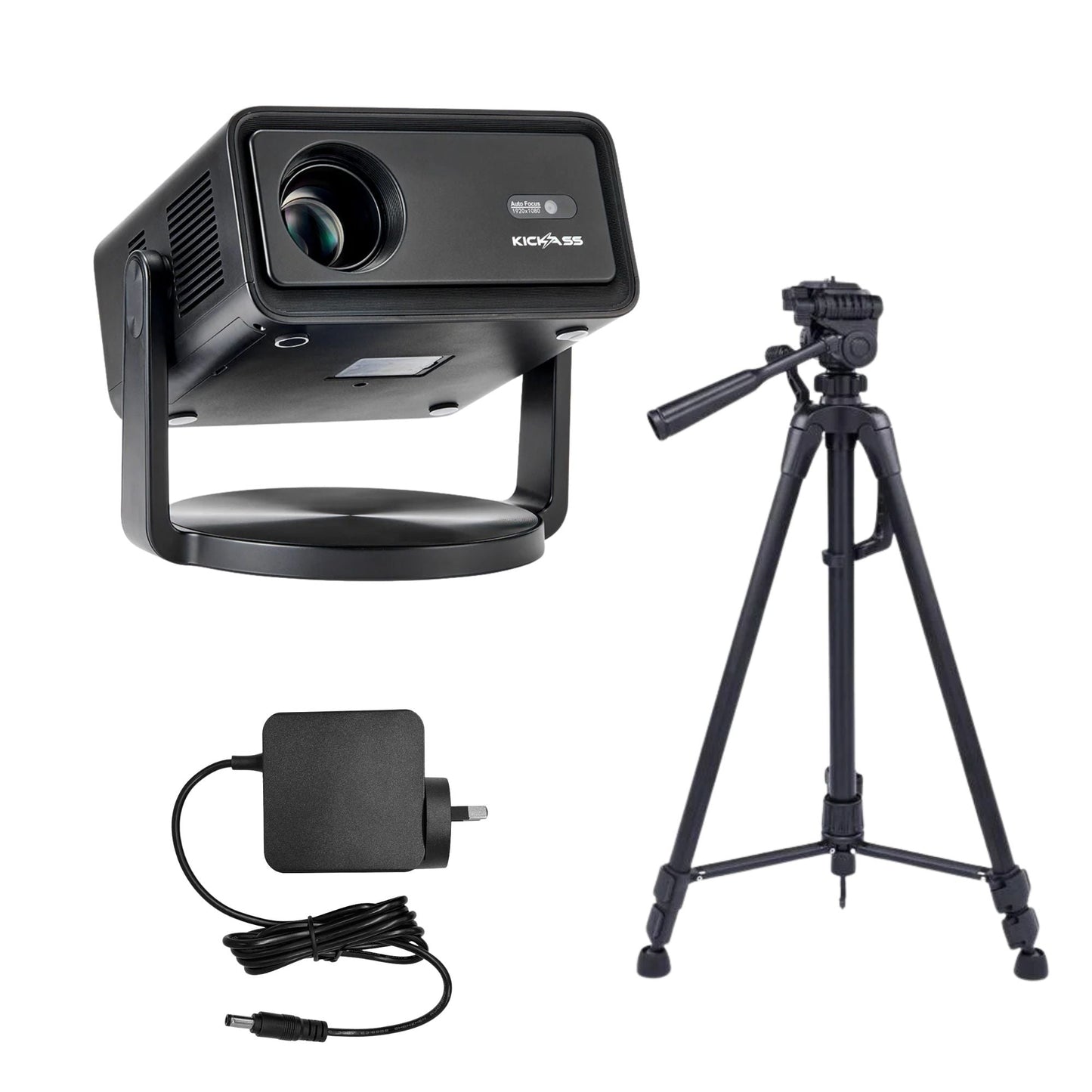 KickAss 12V FHD Outdoor Cinema Smart Projector Bundle with AC to DC Adapter and Tripod
