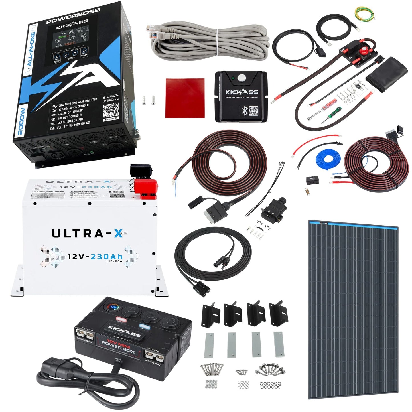 KickAss PowerBoss 2000W System with 230Ah Arctic White Lithium Battery, Bluetooth, Alternator & DCDC Wiring Kit + Power Accessories