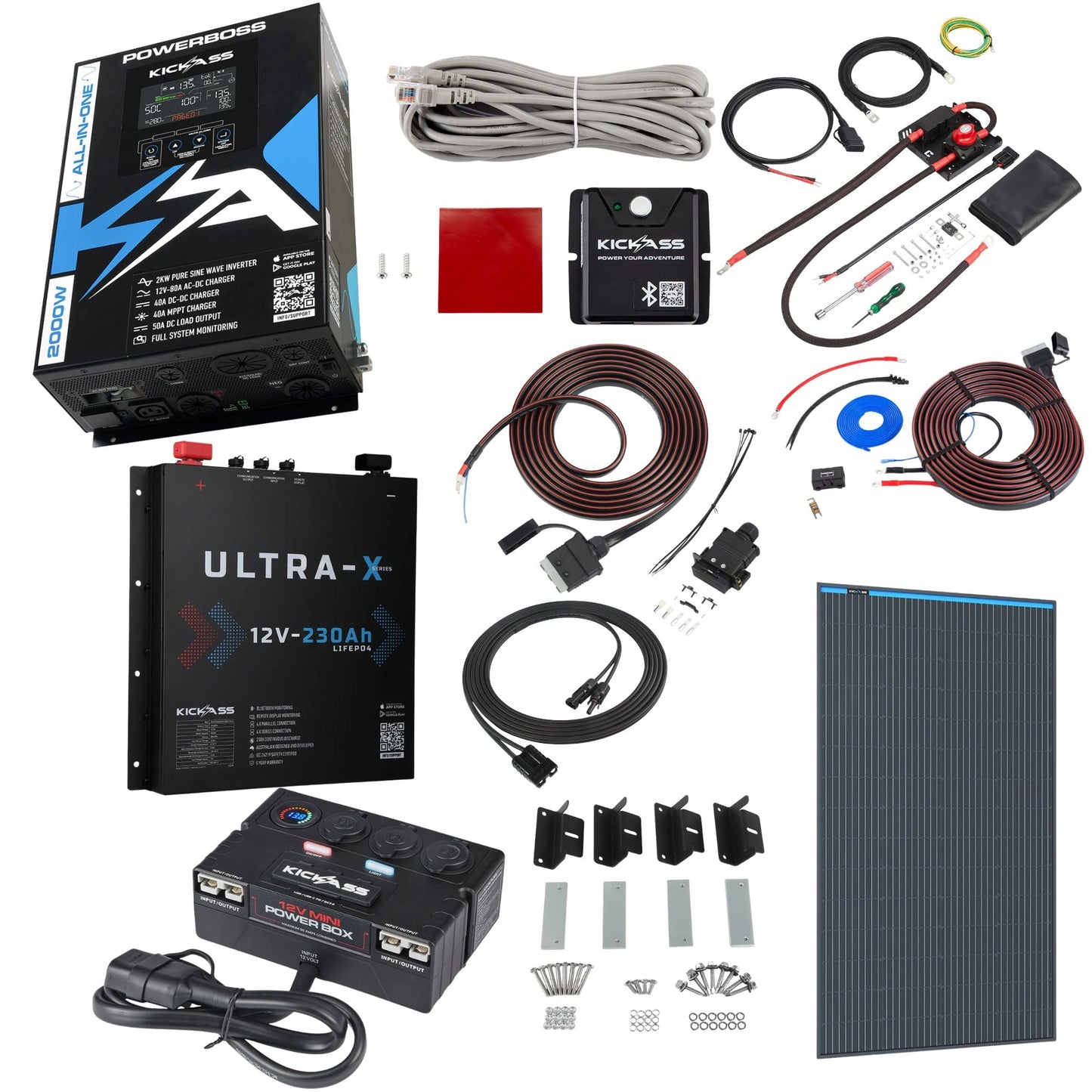 KickAss PowerBoss 2000W System with Bluetooth, DCDC Wiring Kit & 230Ah Slimline Lithium Power Setup