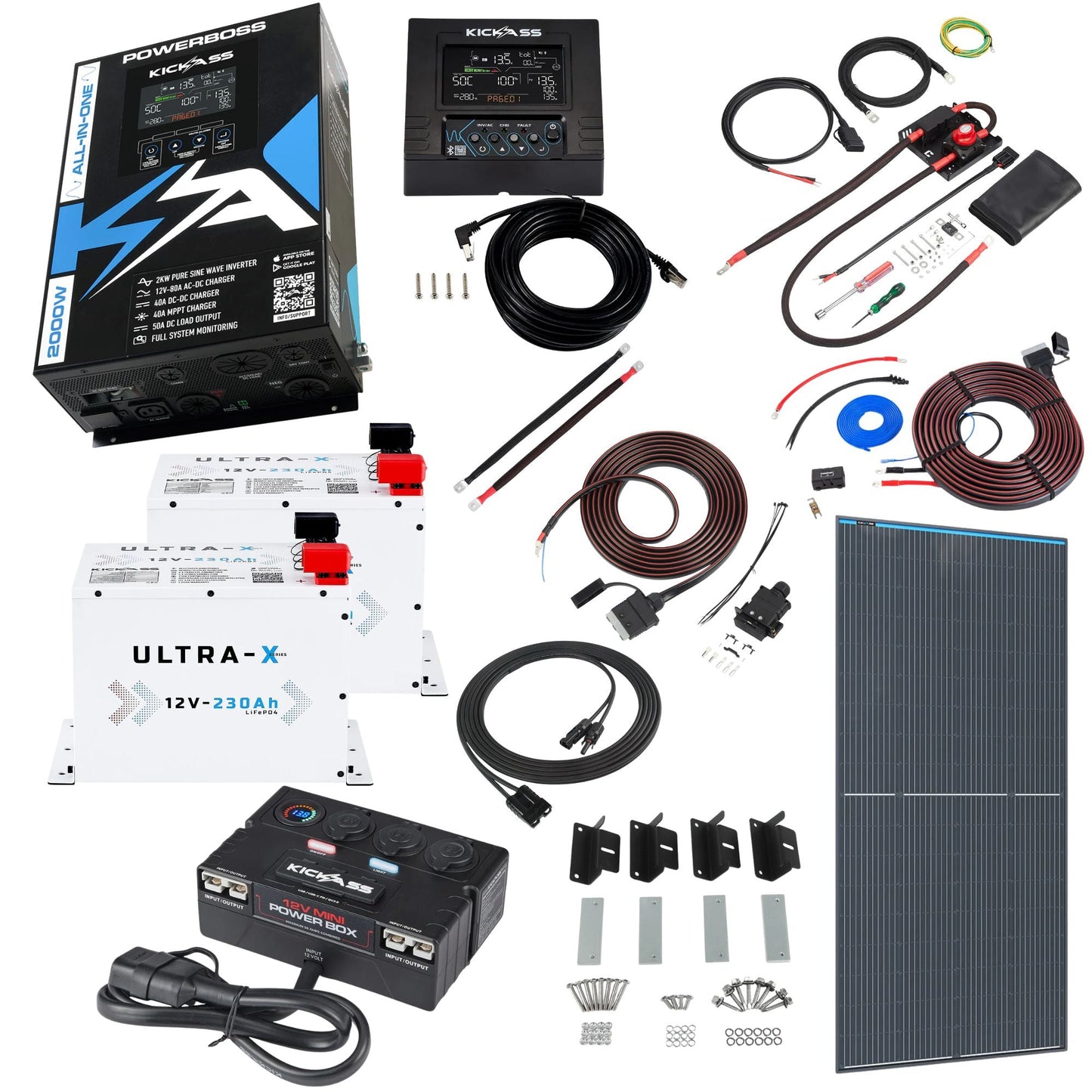 KickAss PowerBoss 2000W Off-Grid System with 8m DCDC Wiring, 250W Solar, 460Ah Arctic White Batteries & Power Hub - Ideal for Caravans