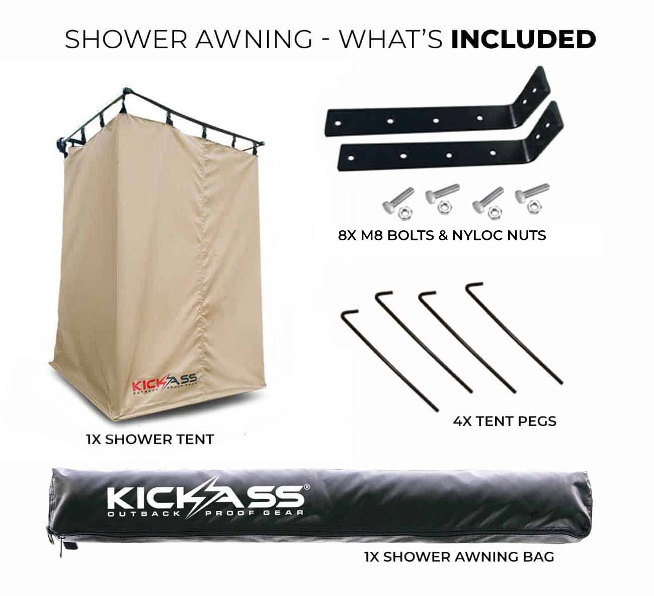 KickAss Instant Ensuite Camping Shower Tent Awning, Shower Base & Portable Lithium Shower Bundle