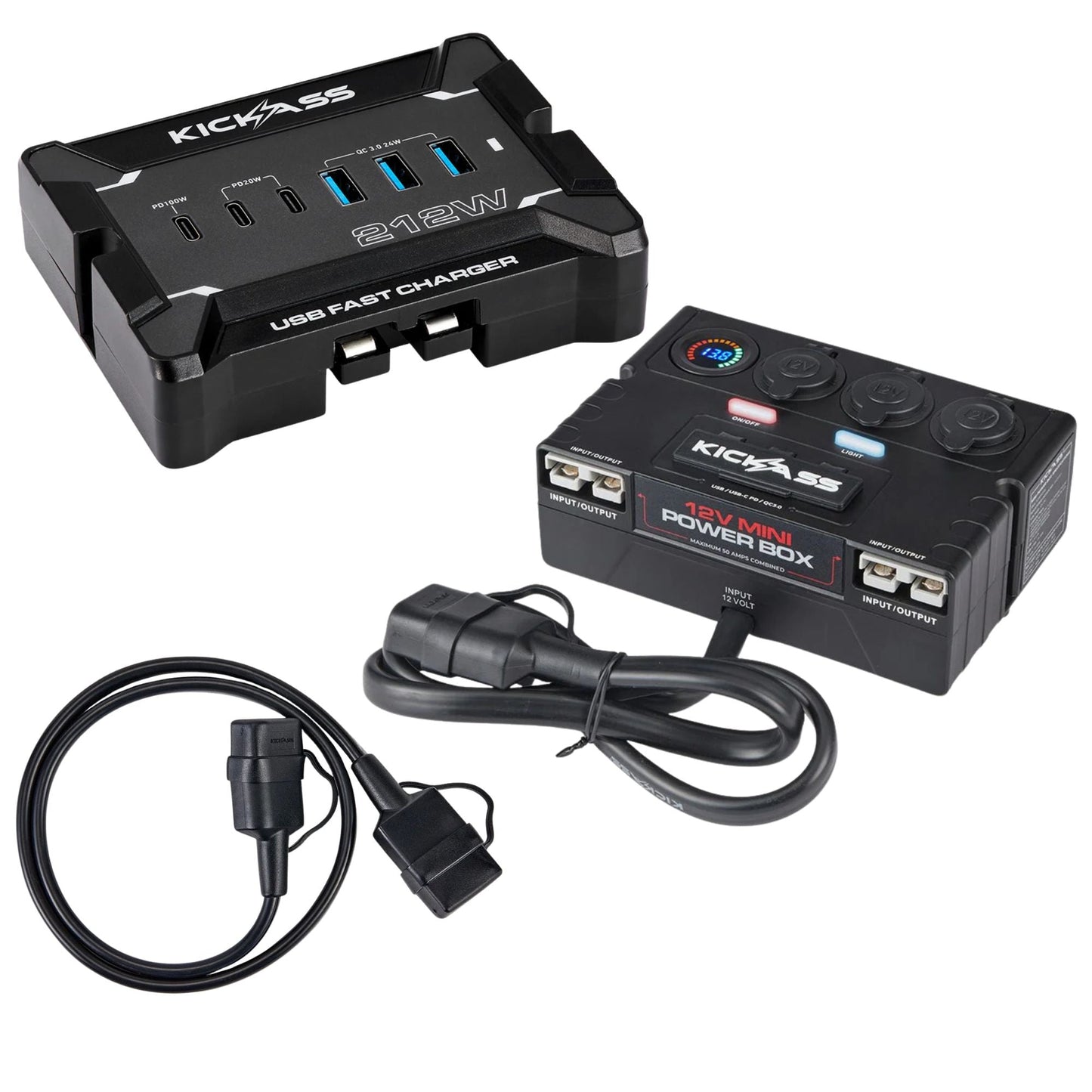 KickAss 12V USB Fast Charger Bundle with Power Box & Extension Cable - 1m
