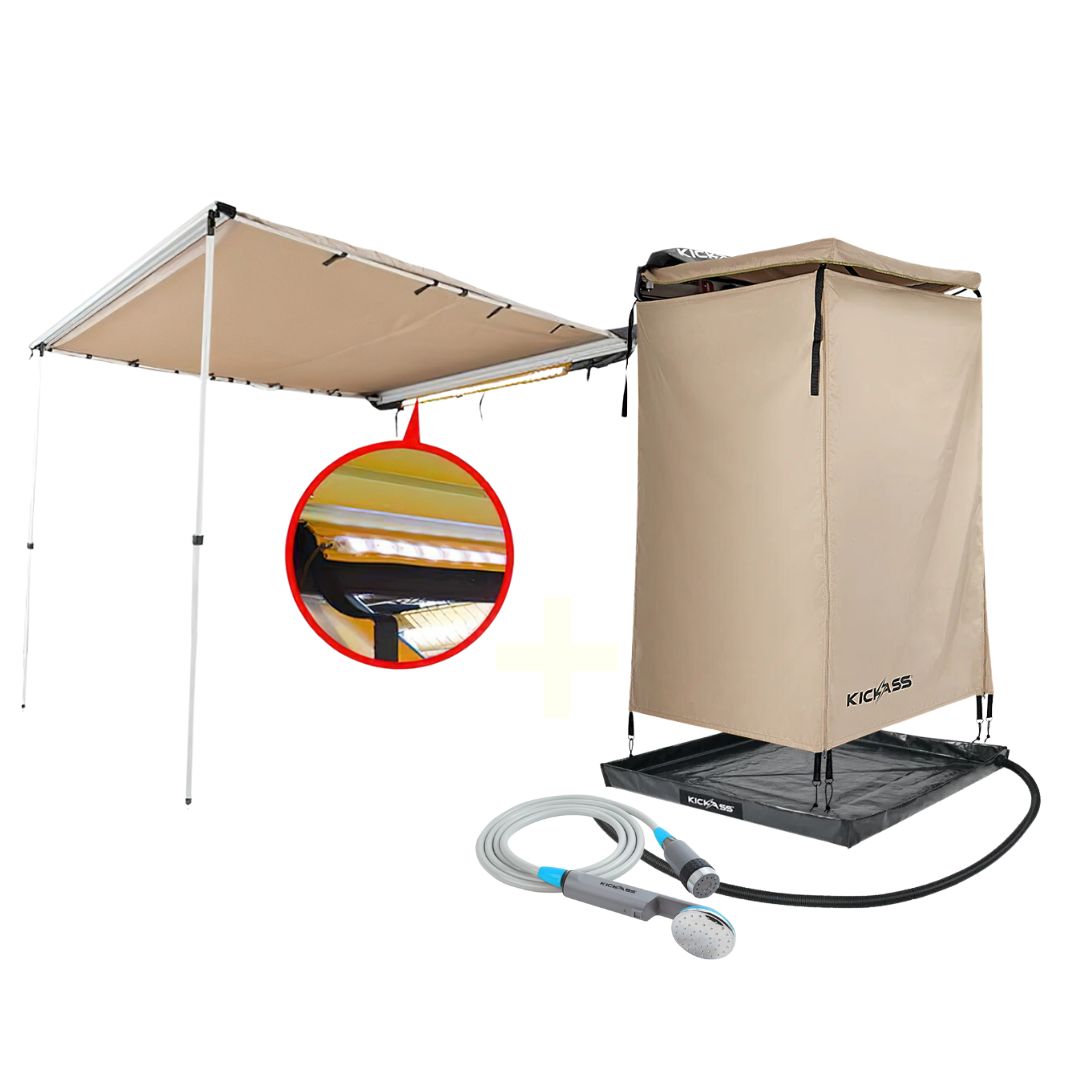 KickAss Car Roof Awning with Premium Shower Tent, Base and Portable Lithium Shower Bundle