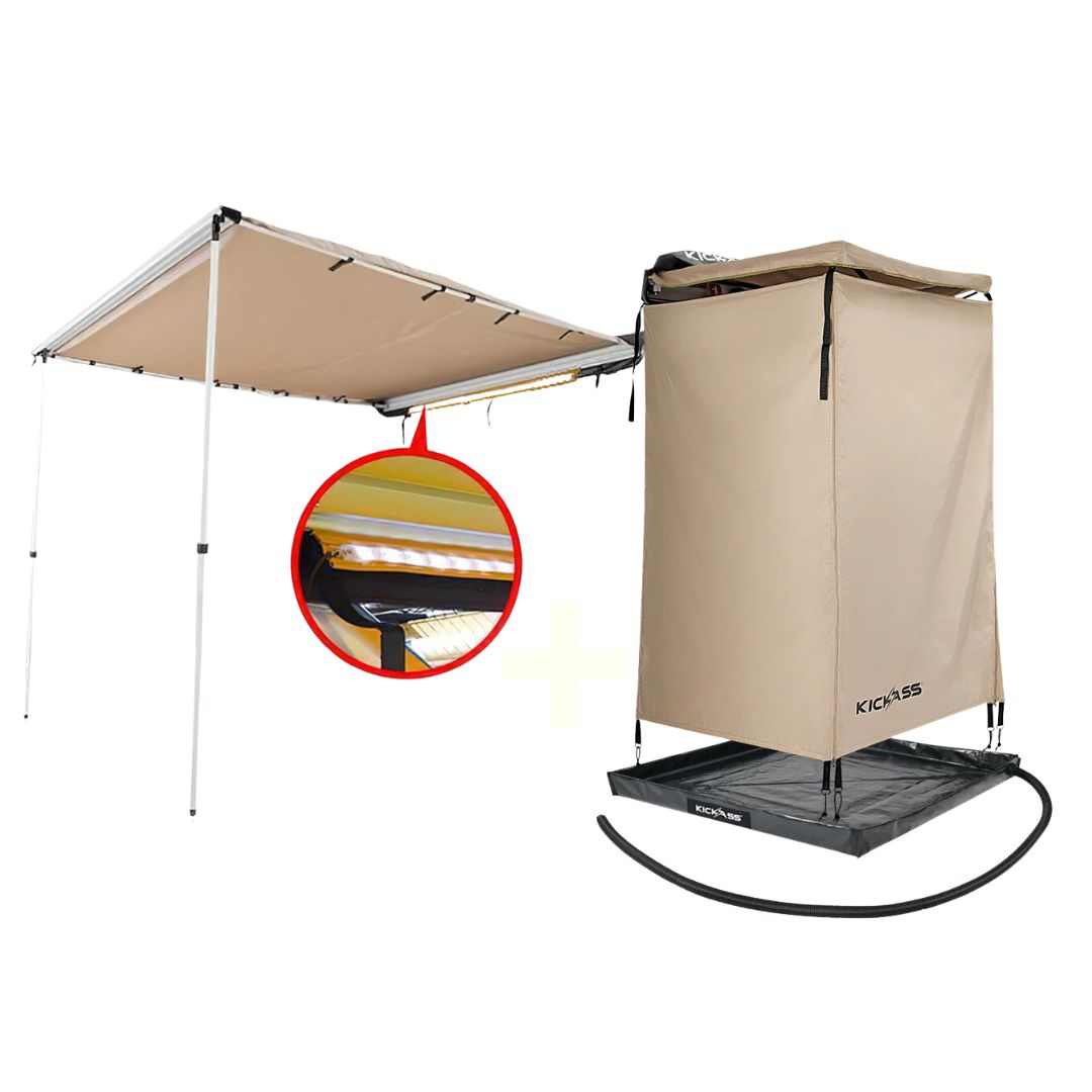 KickAss Car Roof Awning with Premium Shower Tent and Base Bundle