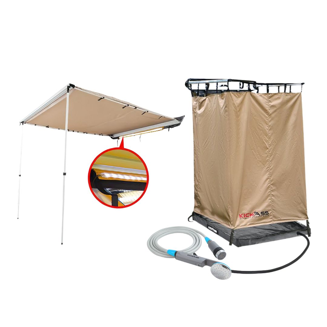 KickAss Car Roof Awning with Shower Tent, Base and Portable Lithium Shower Bundle