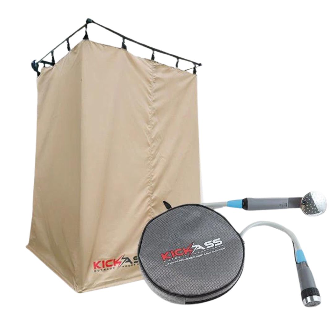 KickAss Instant Ensuite Camping Shower Tent Awning & Portable Lithium Shower Bundle