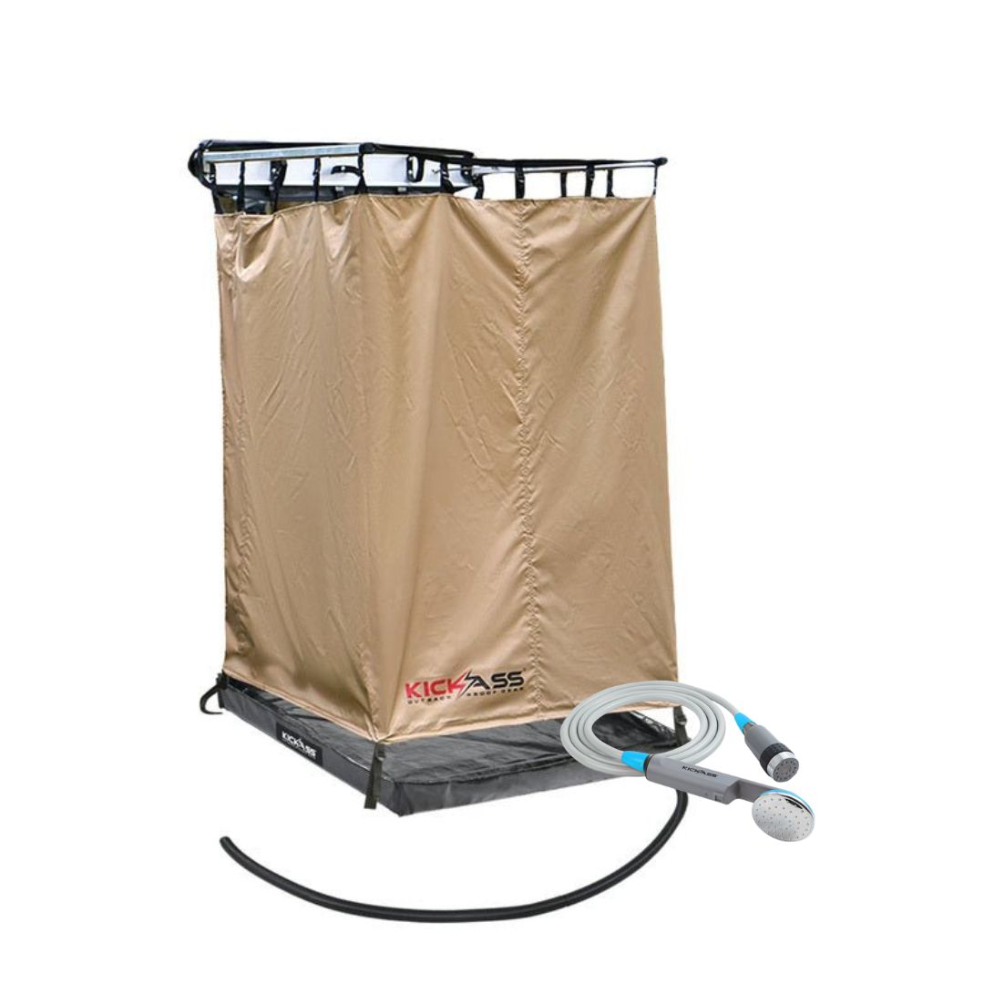 KickAss Instant Ensuite Camping Shower Tent Awning, Shower Base & Portable Lithium Shower Bundle