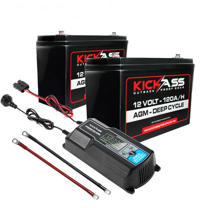 KickAss Twin 12V 120Ah Deep Cycle AGM Battery Bundle with 22A Charger & Linking Cables - 240Ah Total Capacity