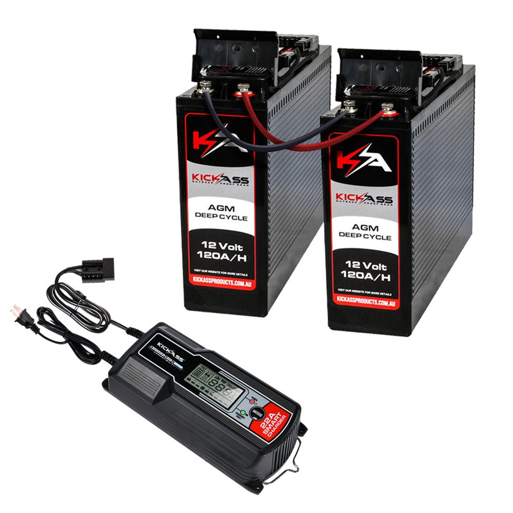 KickAss 12V 120Ah Slimline Deep Cycle AGM Battery Twin Pack With 22Amp Charger & Cables
