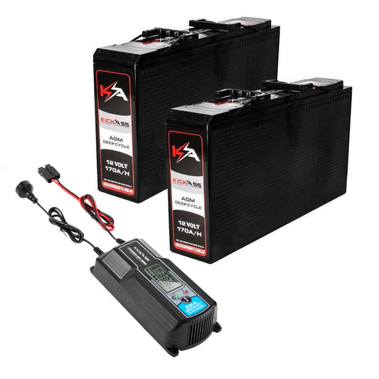 KickAss Twin 12V 170Ah Slimline Deep Cycle AGM Battery Bundle with 22A Charger - 340Ah Total Capacity