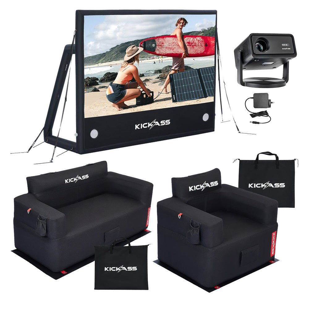 KickAss ProductsKickAss 120" AirScreen Bundle with Smart Projector, Inflatable Sofa, Armchair, Ottoman and AC AdapterKAOUTDOOR-CINEMA-LOUNGE-BUNDLE