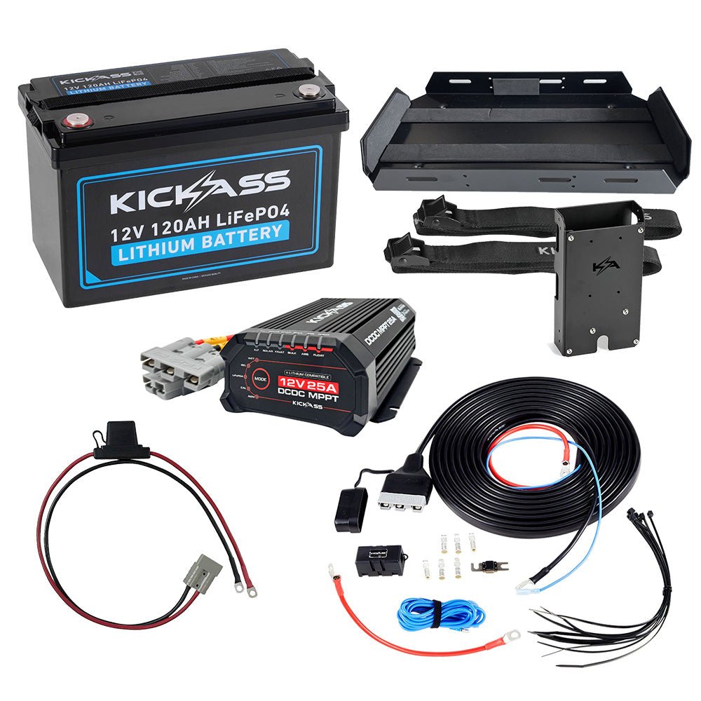KickAss ProductsKickAss 120Ah Lithium Essentials Dual Battery Kit with 25A DCDC Charger, Tray & WiringKA12120XBXTRAYDCDC