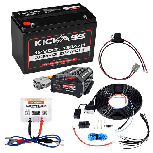 KickAss ProductsKickAss 12V 120Ah Deep Cycle AGM Essentials Dual Battery Kit with 25A DCDC Charger, Monitor, and WiringKA120AGMBASEDBKIT