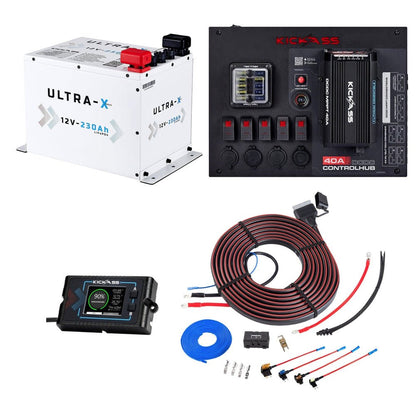 KickAss ProductsKickAss 12V 230Ah Lithium Arctic White Complete Dual Battery Kit with 40A DCDC Control Hub, Heavy Duty Wiring Kit and Remote Display UnitKADBKIT230XLIONW