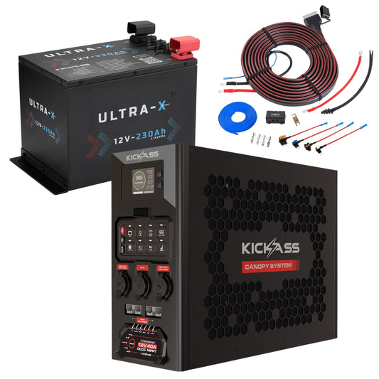 KickAss ProductsKickAss 12V 230Ah Ultra - X Lithium Compact Deep Cycle Battery Bundle with Wireless Canopy Power System & DCDC Wiring Kit - 230Ah Total CapacityBUNDLE-KA12230X-LION-KA40A8WSCPSL-KAHDD.