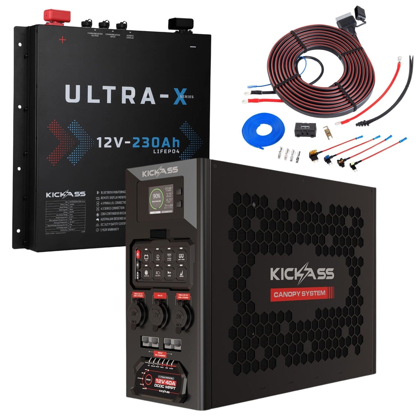 KickAss ProductsKickAss 12V 230Ah Ultra - X Lithium Slimline Deep Cycle Battery Bundle with Wireless Canopy Power System & Wiring Kit - 230Ah Total CapacityBUNDLE-KA12230SLIMX-LION-KA40A8WSCPSL-BL