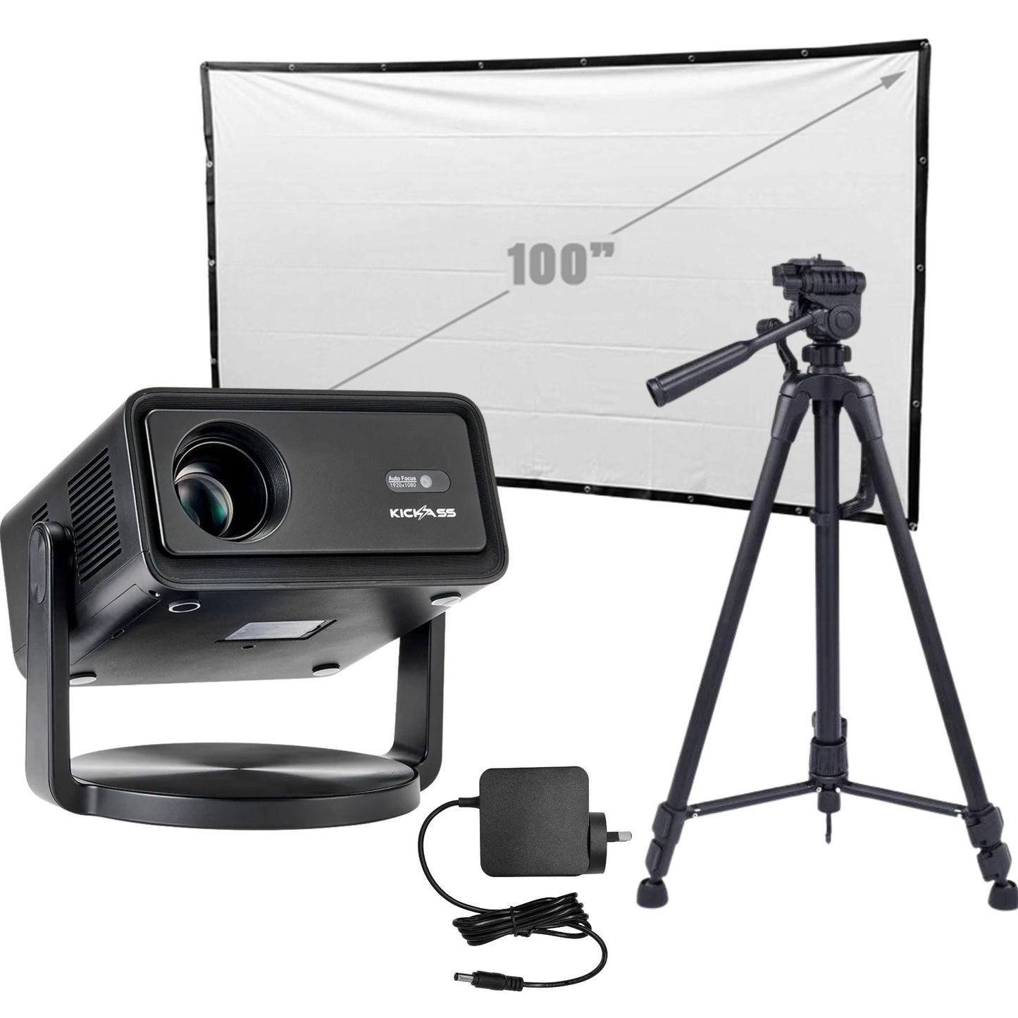 KickAss ProductsKickAss 12V FHD Outdoor Cinema Smart Projector Bundle with AC to DC Adapter, Tripod and 100" Eyelet Projector ScreenKAODCP-SMARTADAPT-TRI100