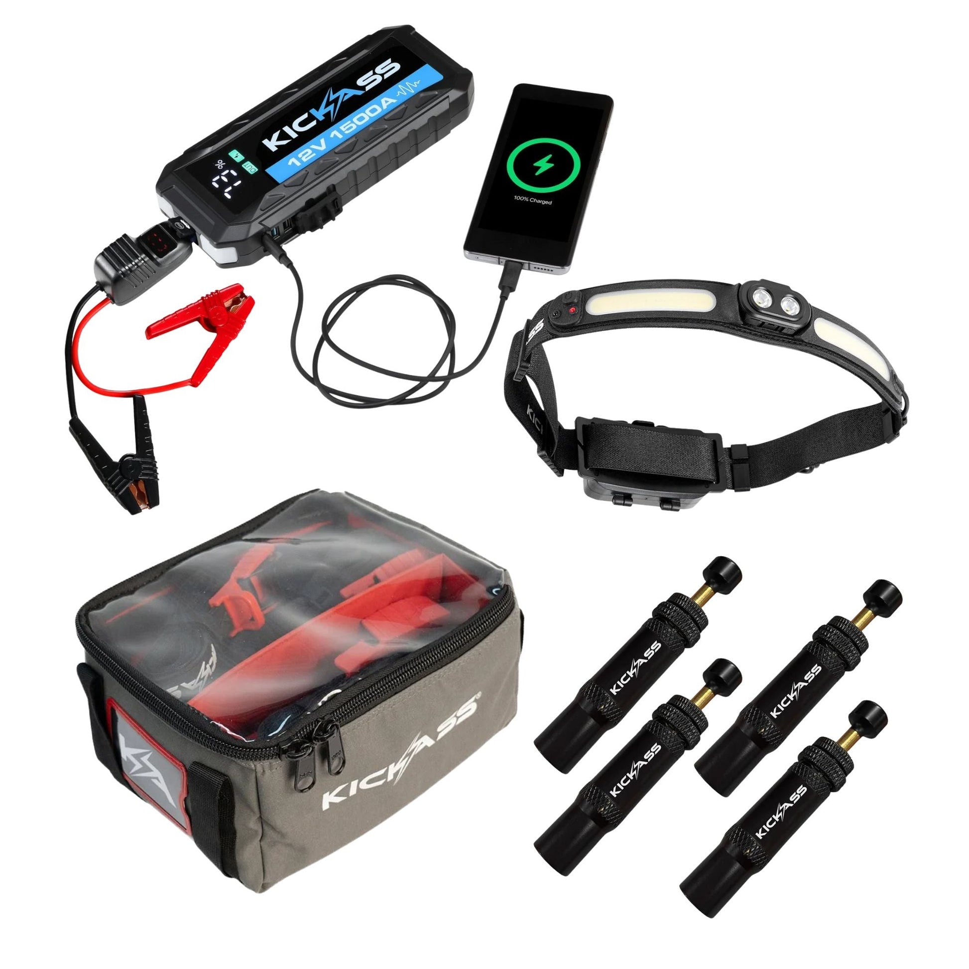 KickAss ProductsKickAss 1500A Jump Starter Bundle with 3 - in - 1 Head Torch, Canvas Storage Bag & Automatic Tyre DeflatorKAJS1500HTSBTD