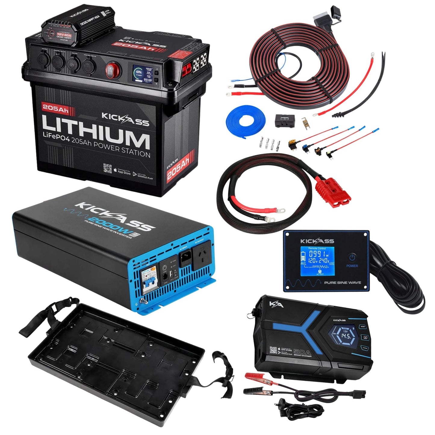 KickAss ProductsKickAss 205Ah Lithium Battery Box Complete Dual Battery Kit with 2000W Inverter, AC Charger & WiringKABOX205LION-40A-COMPLETE-AC