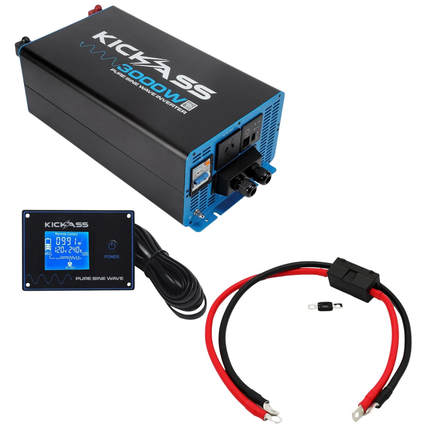 KickAss ProductsKickAss 3000W Pure Sine Wave Inverter Bundle with Remote Display Panel & Premium Wiring KitKAINV3000WPREMREM01