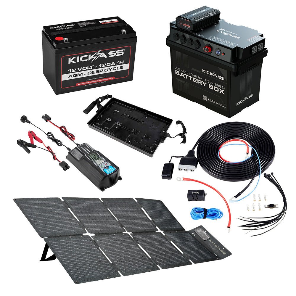 KickAss ProductsKickAss Battery Box with 25A DCDC Bundle with 120Ah AGM Battery, Wiring Kit, 22A Charger and 120W Solar BlanketKABUNDLE11