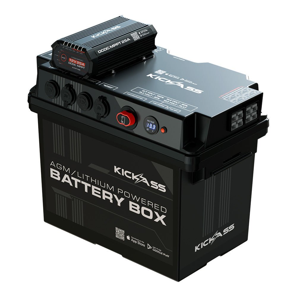 KickAss ProductsKickAss Battery Box with 25A DCDC Bundle with 120Ah AGM Battery, Wiring Kit, 22A Charger, USB Charger and Extension LeadKABUNDLE09