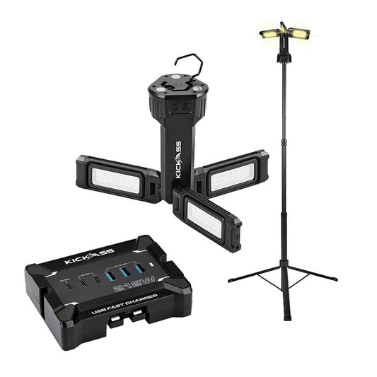 KickAss ProductsKickAss Rechargeable 1.7m Tripod Camping Light + 12V Anderson To USB Fast Charger BundleKABUN-CAMPLTRI17-FC12V