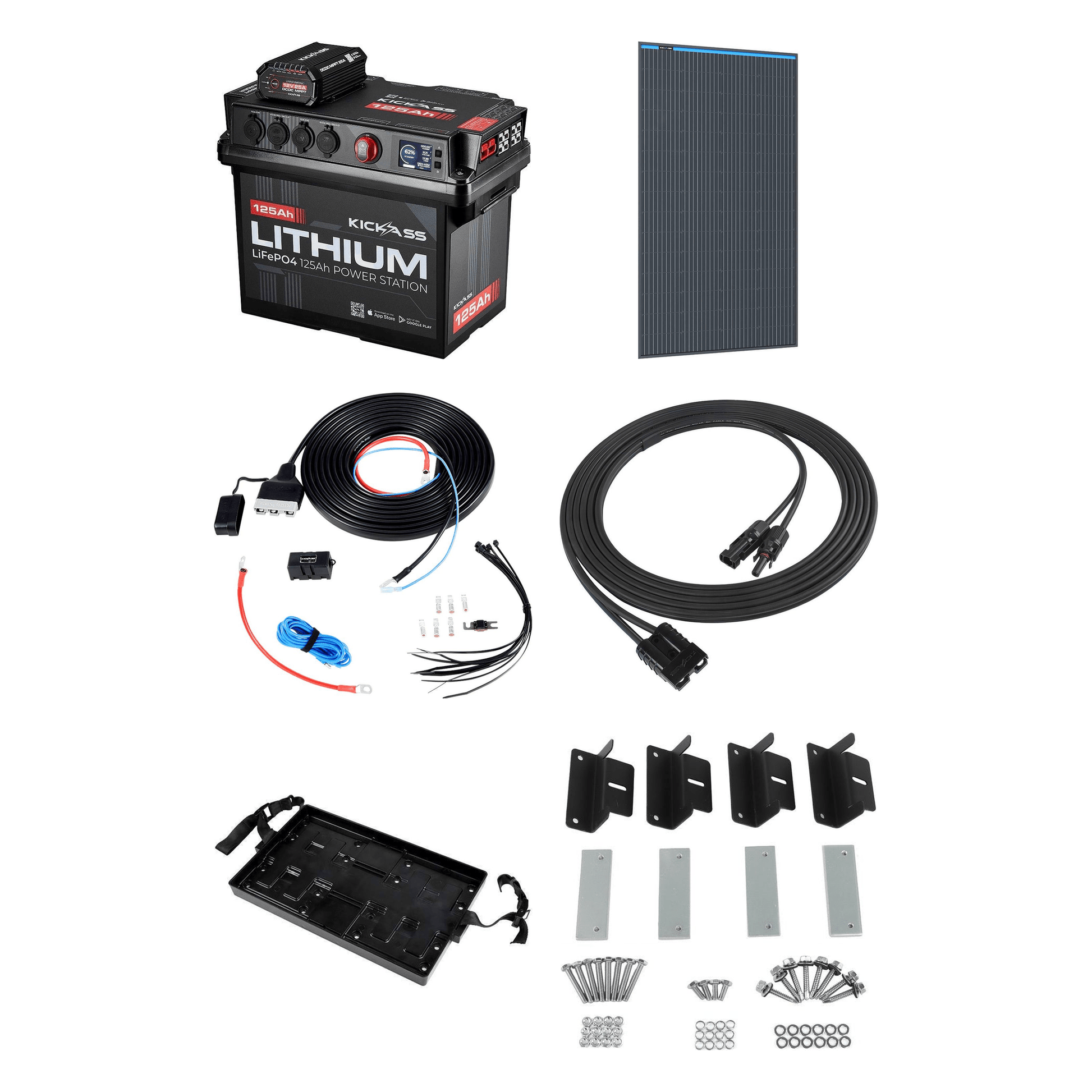 KickAss ProductsKickAss Smart 125Ah Lithium Battery Box Power Station Bundle with 170W Fixed Solar Panel, Wiring Kit & TrayKA-125AHLIT-25ADCDC-SOL170W-WIRING