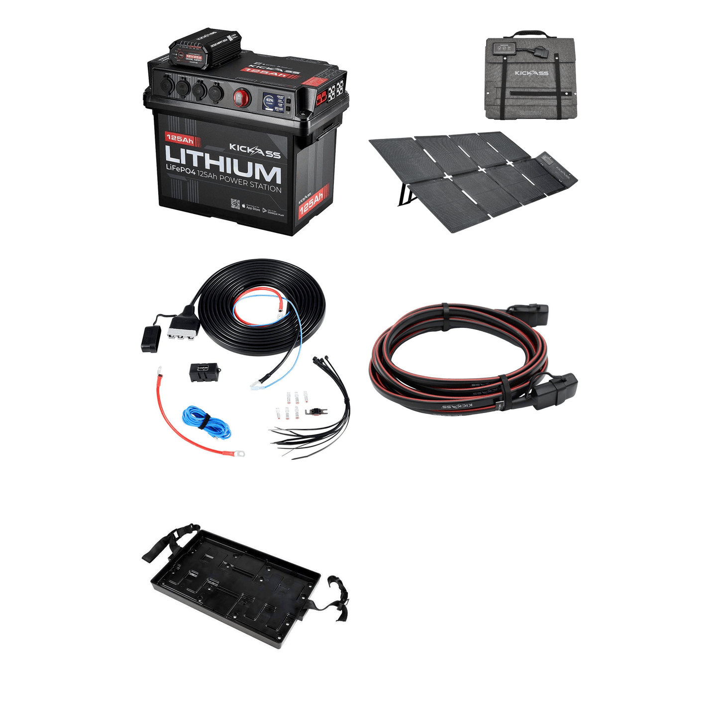 KickAss ProductsKickAss Smart 125Ah Lithium Battery Box Power Station Bundle with 200W Solar Blanket, Wiring Kit & Extension LeadKA-JBOXLI125AH-25ADCDC-SOL200W-WIRING