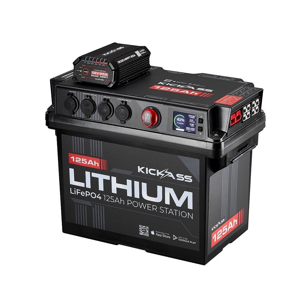 KickAss ProductsKickAss Smart 125Ah Lithium Battery Box Power Station Bundle with 200W Solar Blanket, Wiring Kit & Extension LeadKA-JBOXLI125AH-25ADCDC-SOL200W-WIRING