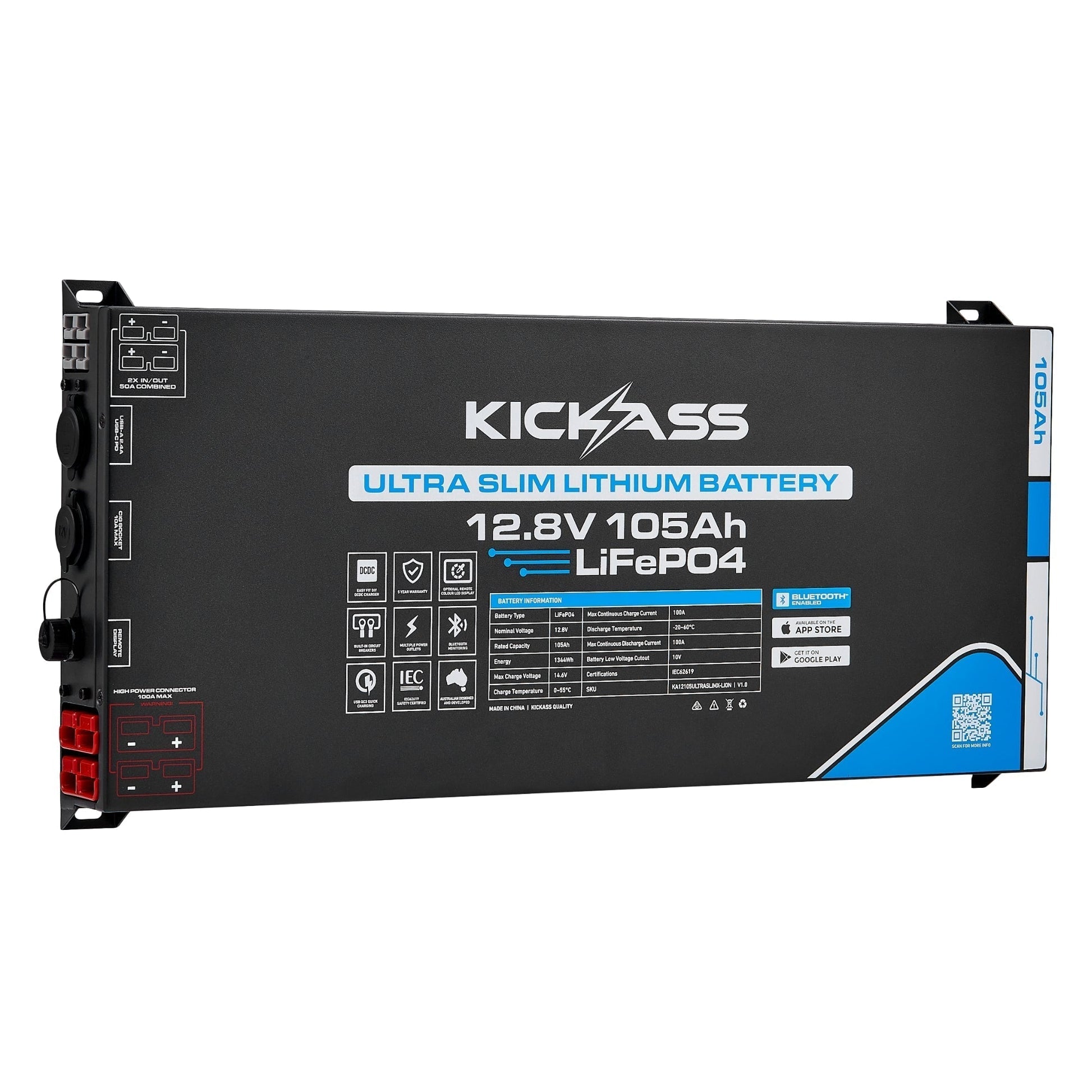 KickAss ProductsKickAss Smart 12V 105Ah Ultra Slimline Lithium Battery + 22A Smart Battery Charger BundleKA12105ULTRASLIMXCHG22